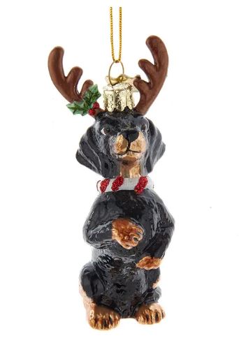 Dachshund Black and Brown with Antlers Noble Gems™ Glass Ornament
