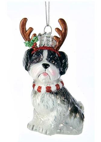 Shih-Tzu Black and White with Antlers Noble Gems™ Glass Ornament