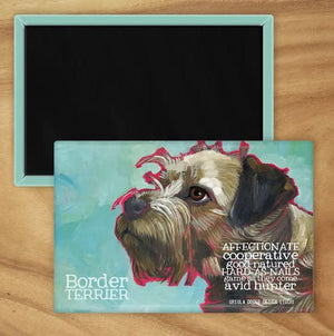 Behold our classic Border Terrier magnet, meticulously reproduced from an original oil painting by the renowned artist Ursula Dodge. This exquisite 2