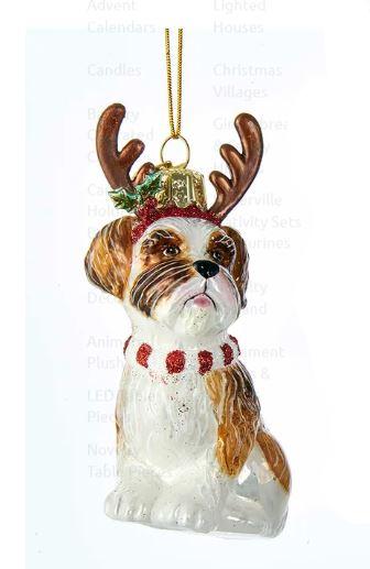 Shih-Tzu Brown and White with Antlers Noble Gems™ Glass Ornament