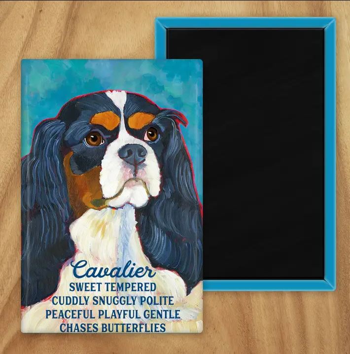 Behold our classic Cavalier magnet, meticulously reproduced from an original oil painting by the renowned artist Ursula Dodge. This exquisite 2