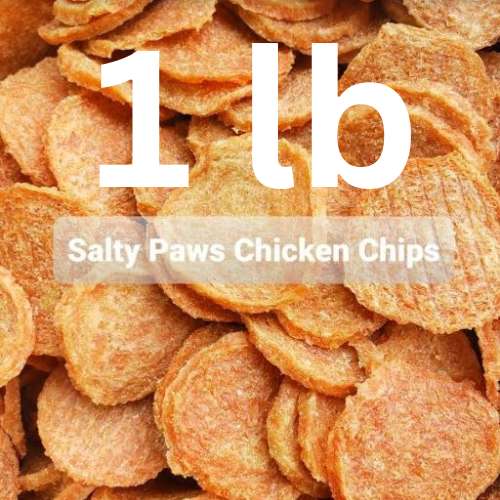 Salty Paws Chips are 100% USDA Chicken Breast. We use only the best hormone and GMO-free chicken available. We dehydrate them for hours to create a completely healthy, non-fattening treat. Many of our customers say their furry friends just can't get enough of these addictive lil' nuggets!