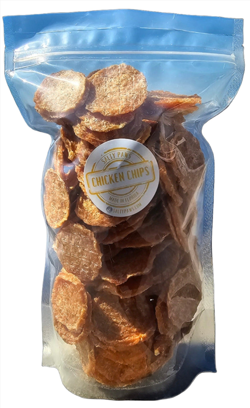 Salty Paws&nbsp;Chips&nbsp;are 100% USDA Chicken Breast. We use only the best hormone and GMO-free chicken available. We dehydrate them for hours to create a completely healthy, non-fattening treat. Many of our customers say their furry friends just can't get enough of these addictive lil' nuggets!