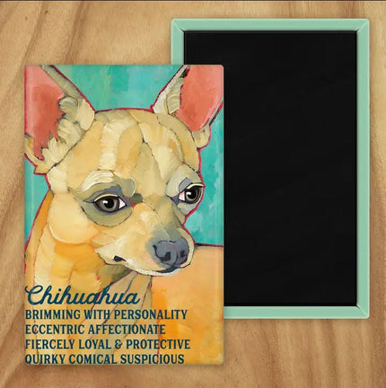 Behold our classic Chihuahua magnet, meticulously reproduced from an original oil painting by the renowned artist Ursula Dodge. This exquisite 2