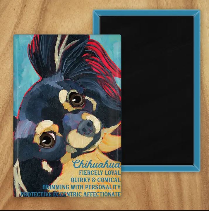 Behold our classic Chihuahua magnet, meticulously reproduced from an original oil painting by the renowned artist Ursula Dodge. This exquisite 2