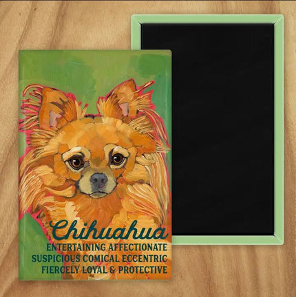 Behold our classic Chihuahua magnet, meticulously reproduced from an original oil painting by the renowned artist Ursula Dodge. This exquisite 2