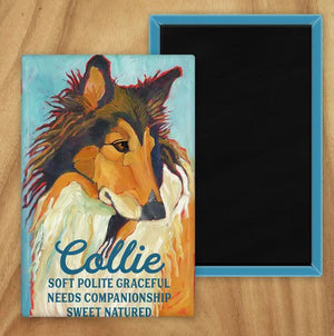 Behold our classic Collie magnet, meticulously reproduced from an original oil painting by the renowned artist Ursula Dodge. This exquisite 2