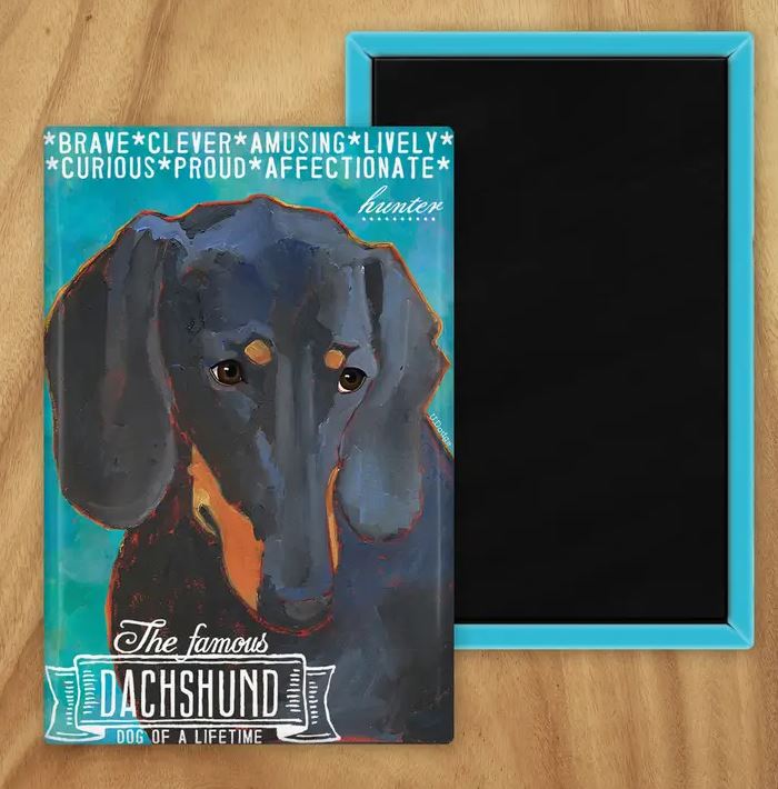 Behold our classic Dachshund magnet, meticulously reproduced from an original oil painting by the renowned artist Ursula Dodge. This exquisite 2