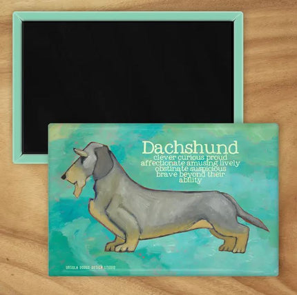 Behold our classic Dachshund magnet, meticulously reproduced from an original oil painting by the renowned artist Ursula Dodge. This exquisite 2