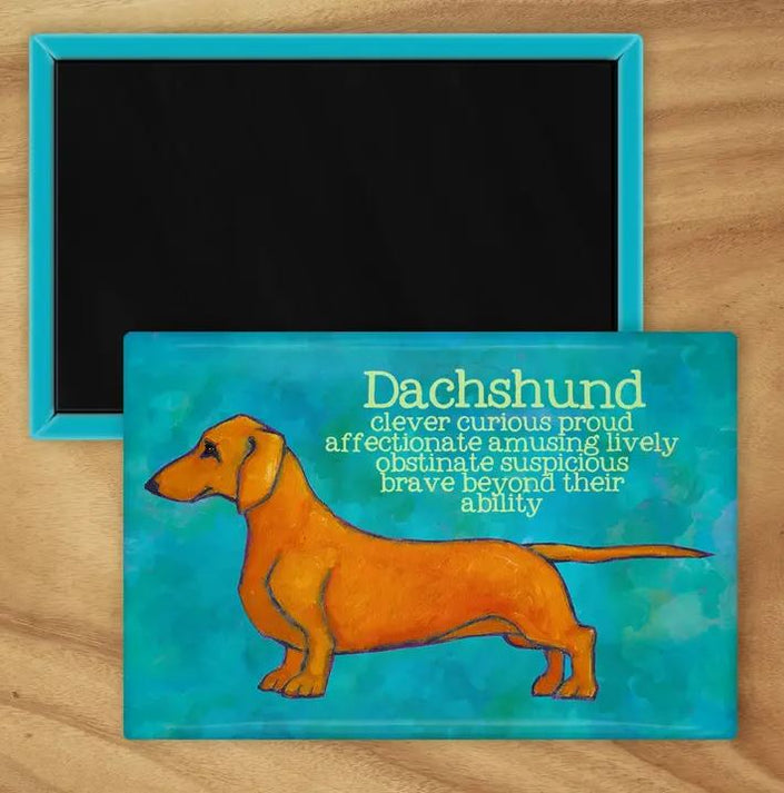 Behold our classic Dachshund magnet, meticulously reproduced from an original oil painting by the renowned artist Ursula Dodge. This exquisite 2