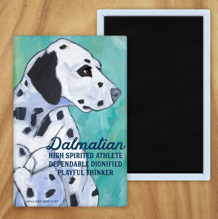 Behold our classic Dalmatian magnet, meticulously reproduced from an original oil painting by the renowned artist Ursula Dodge. This exquisite 2