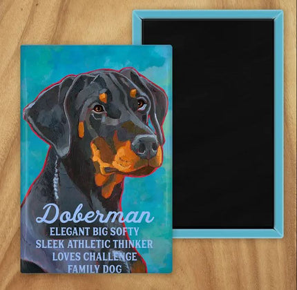 Behold our classic Doberman magnet, meticulously reproduced from an original oil painting by the renowned artist Ursula Dodge. This exquisite 2