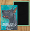 Behold our classic Great Dane Magnet, meticulously reproduced from an original oil painting by the renowned artist Ursula Dodge. This exquisite 2