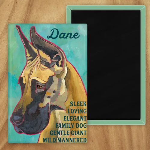 Behold our classic Great Dane Magnet, meticulously reproduced from an original oil painting by the renowned artist Ursula Dodge. This exquisite 2