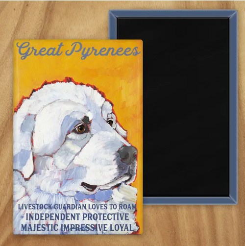 Behold our classic Great Pyrenees Magnet, meticulously reproduced from an original oil painting by the renowned artist Ursula Dodge. This exquisite 2