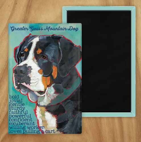 Behold our classic Greater Swiss Mountain Dog Magnet, meticulously reproduced from an original oil painting by the renowned artist Ursula Dodge. This exquisite 2