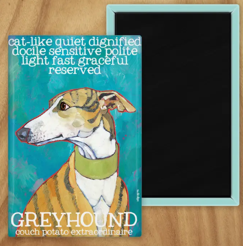 Behold our classic Greyhound Magnet, meticulously reproduced from an original oil painting by the renowned artist Ursula Dodge. This exquisite 2