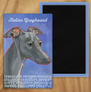 Behold our classic Italian Greyhound Magnet, meticulously reproduced from an original oil painting by the renowned artist Ursula Dodge. This exquisite 2