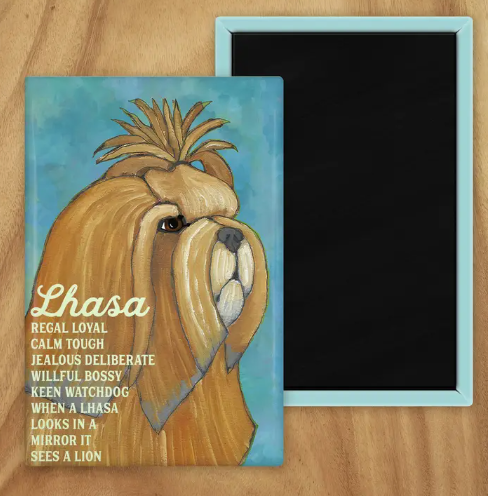 Behold our classic Lhasa Apso Magnet, meticulously reproduced from an original oil painting by the renowned artist Ursula Dodge. This exquisite 2