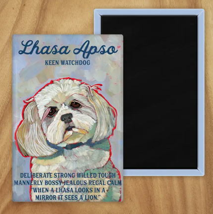 Behold our classic Lhasa Apso Magnet, meticulously reproduced from an original oil painting by the renowned artist Ursula Dodge. This exquisite 2