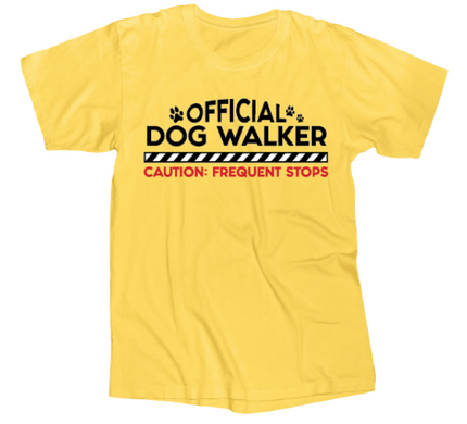 Tee Shirt Official Dog Walker  Screen printed on 90% cotton 10% polyester  Available sizes are Small, Medium, large, X-large, XX-large, and XXX-large. 