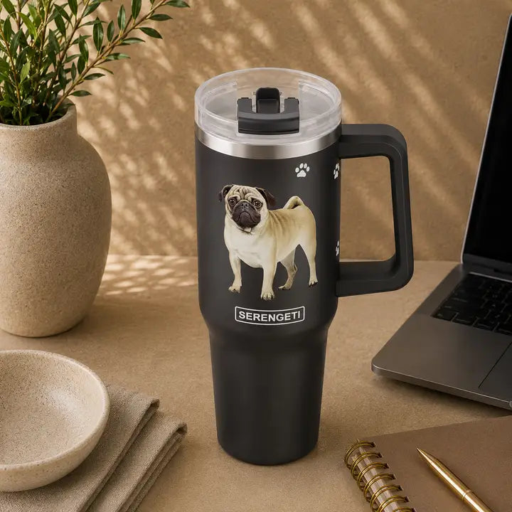 Pug 40 oz Tumbler with Handle and Straw Lid