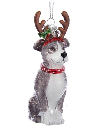 Pitbull Grey and White with Antlers Noble Gems™ Glass Ornament