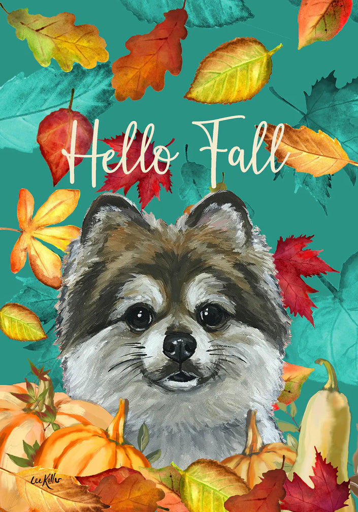 Pomeranian Hello Fall Large House Flag