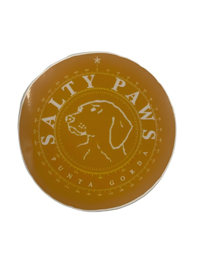 Citrus color circular sticker with our Salty Paws™ ® signature logo.