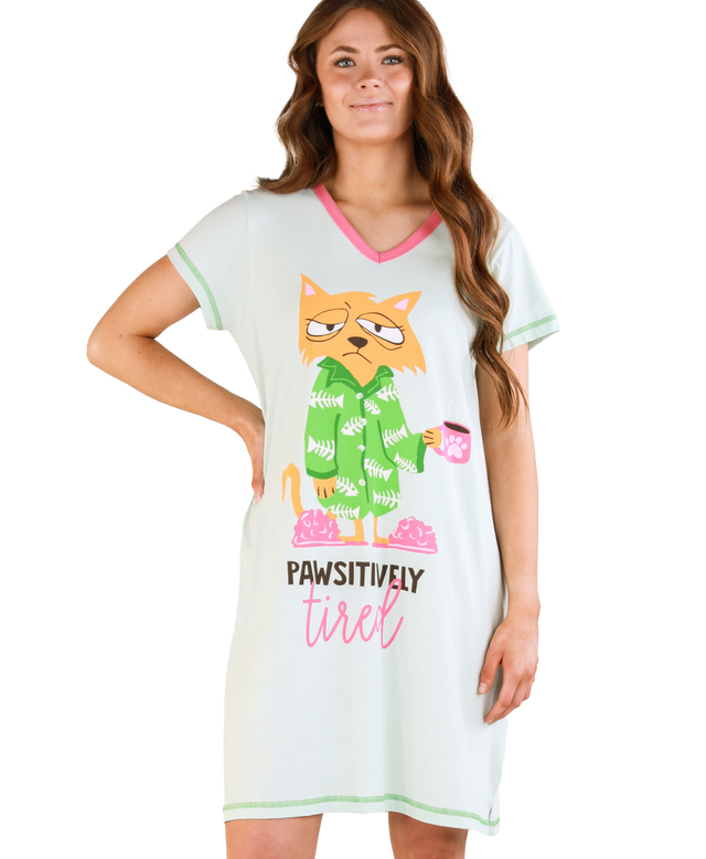 PJ Nightgown Cat Pawsitively Tired V-Neck Nightshirt