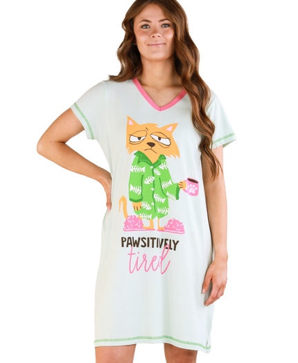 PJ Nightgown Cat Pawsitively Tired V-Neck Nightshirt