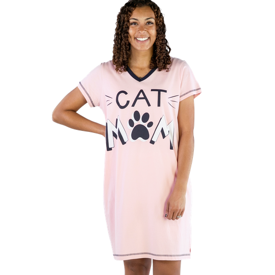 PJ Nightgown Cat Mom Pink V-Neck Nightshirt