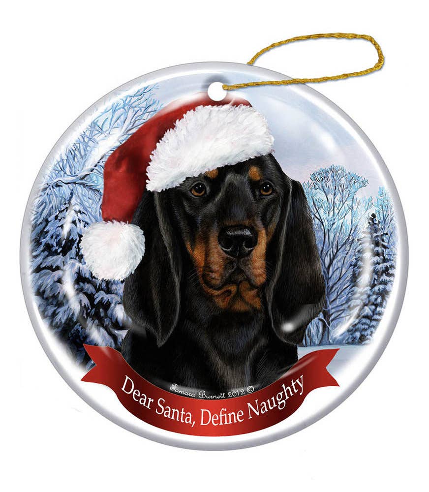 Coonhound (Black & Tan) Santa Hat Dog Porcelain  Ornament