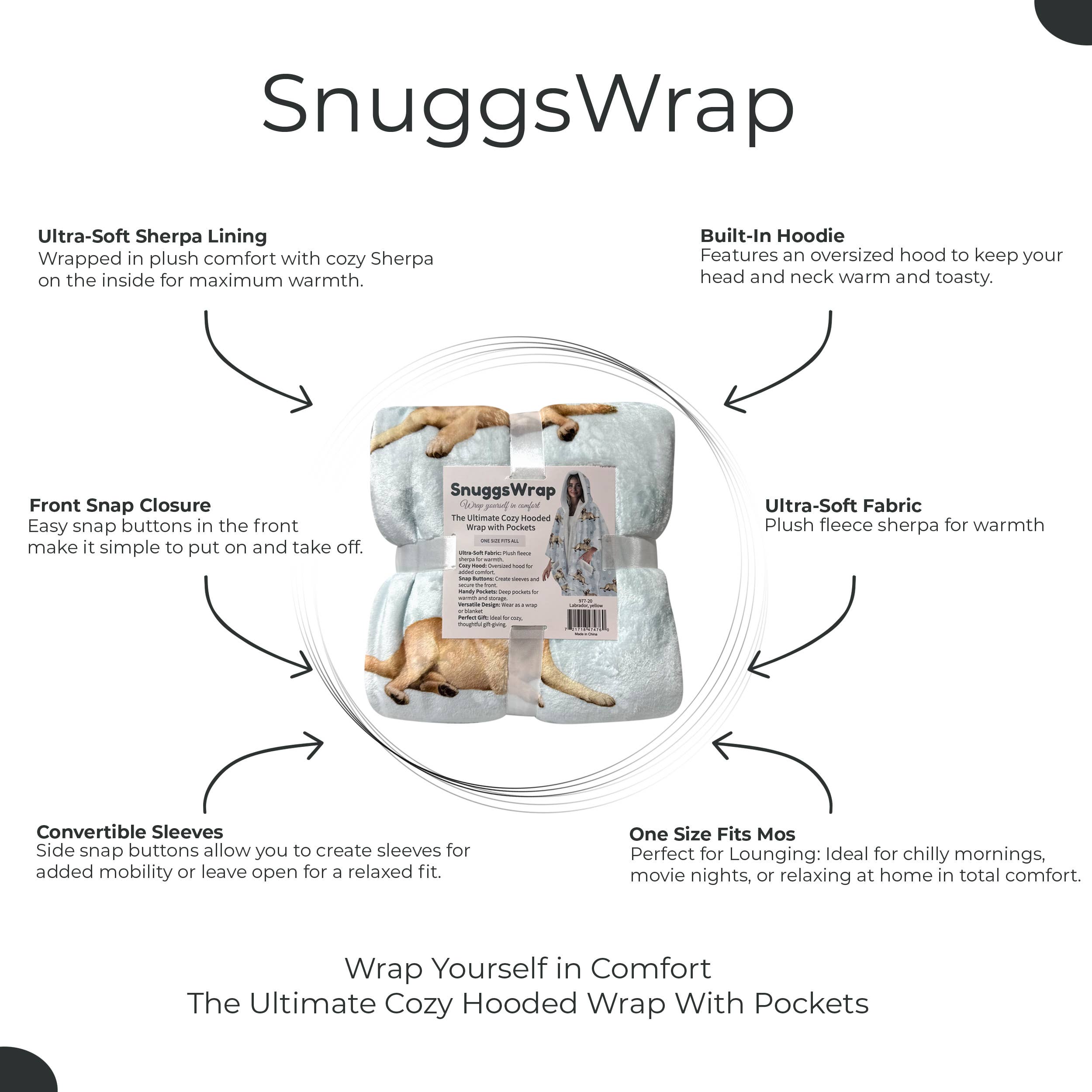 Labrador,Yellow Snugg Wraps with Hoodie – Ultra Soft Sherpa Fleece Wrap for Pet Lovers