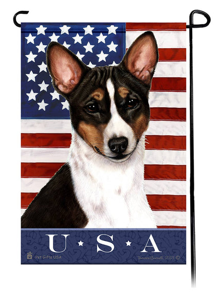 This Basenji Tri Colored USA American Garden Flag is a testament to the beauty of your favorite breed and the American Flag.