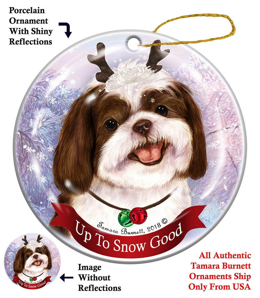 Shih Tzu Chocolate/White Santa Hat Dog Porcelain  Ornament