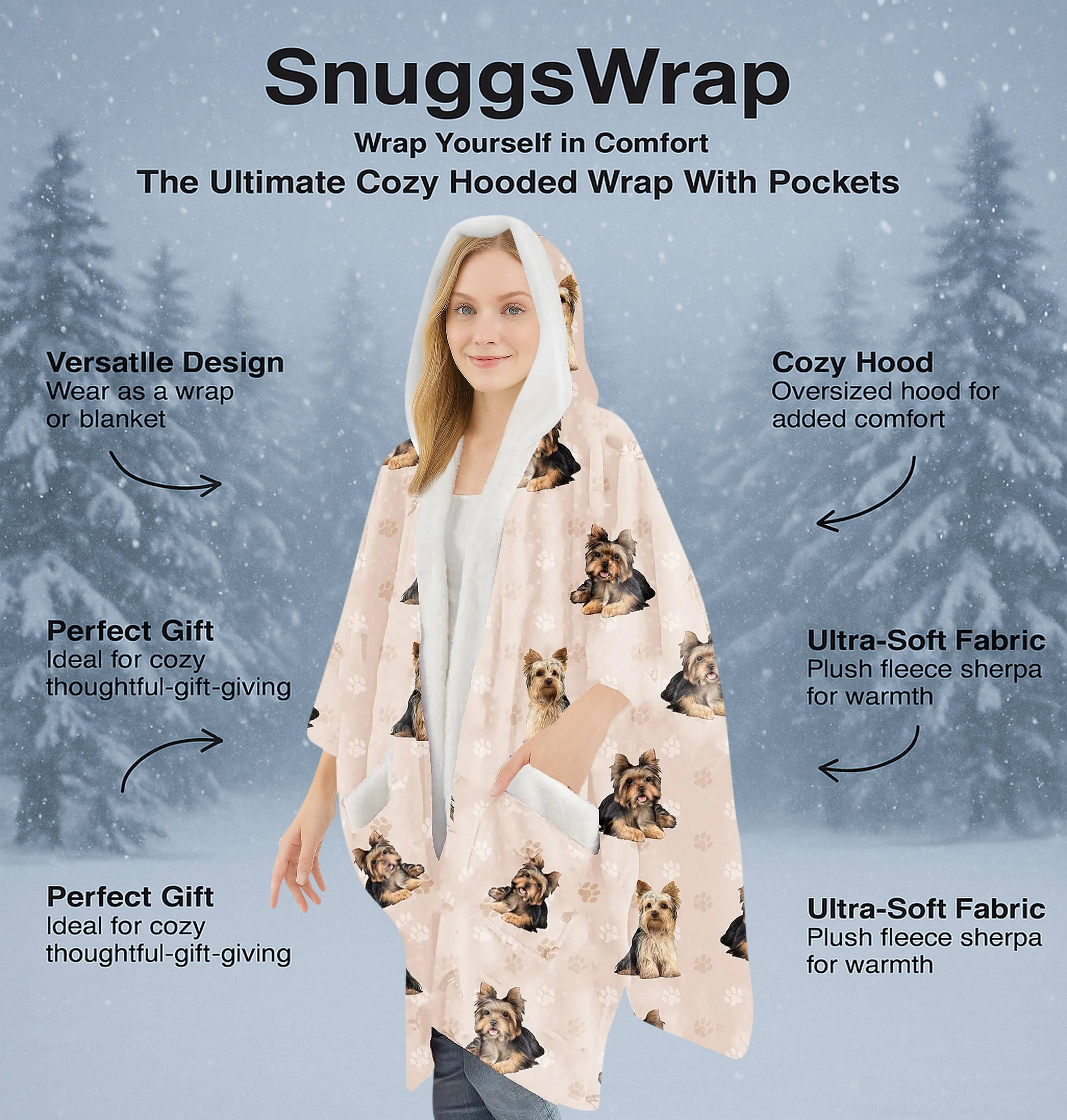 Yorkie Snugg Wraps with Hoodie – Ultra Soft Sherpa Fleece Wrap for Pet Lovers