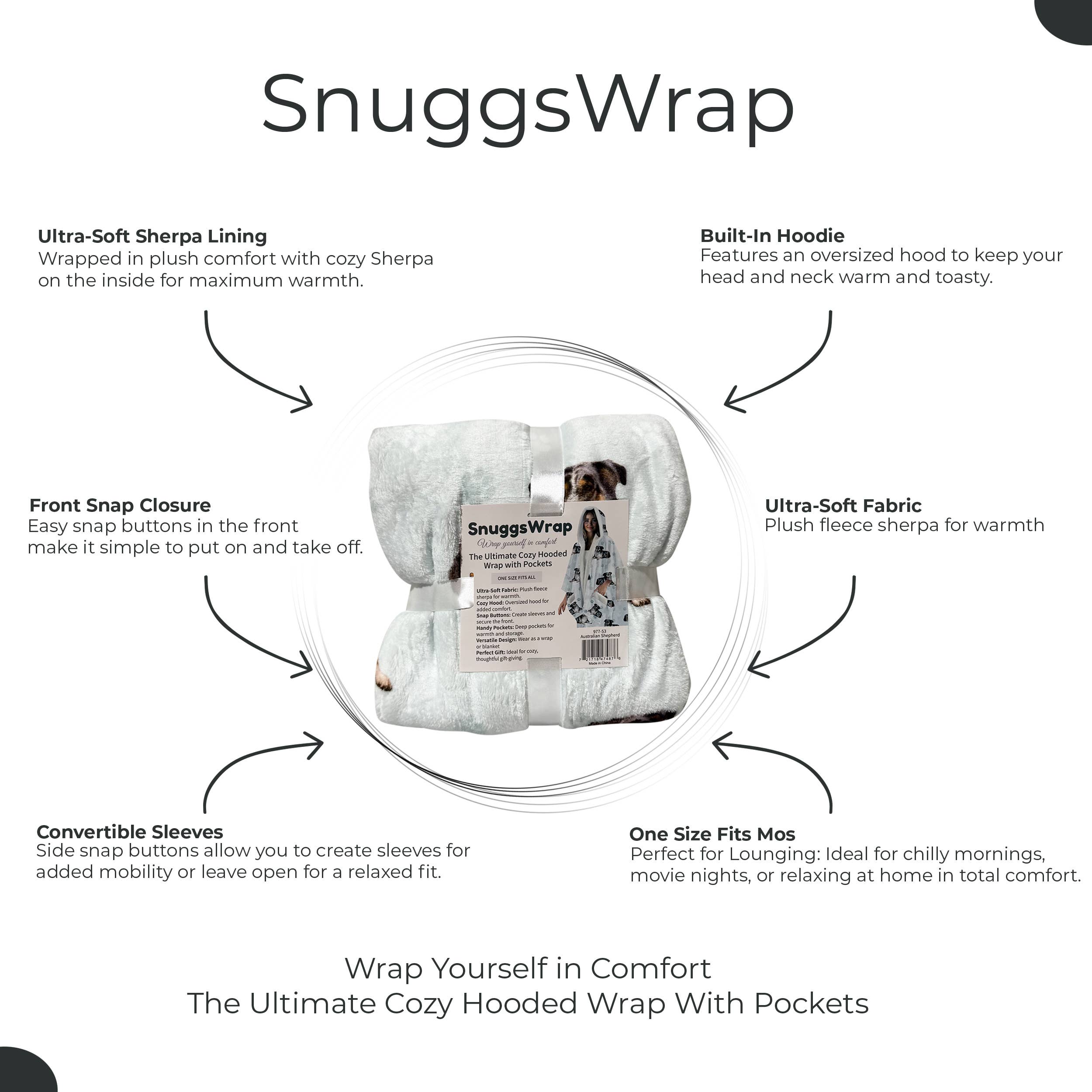 Australian Shepherd Snugg Wraps with Hoodie – Ultra Soft Sherpa Fleece Wrap for Pet Lovers