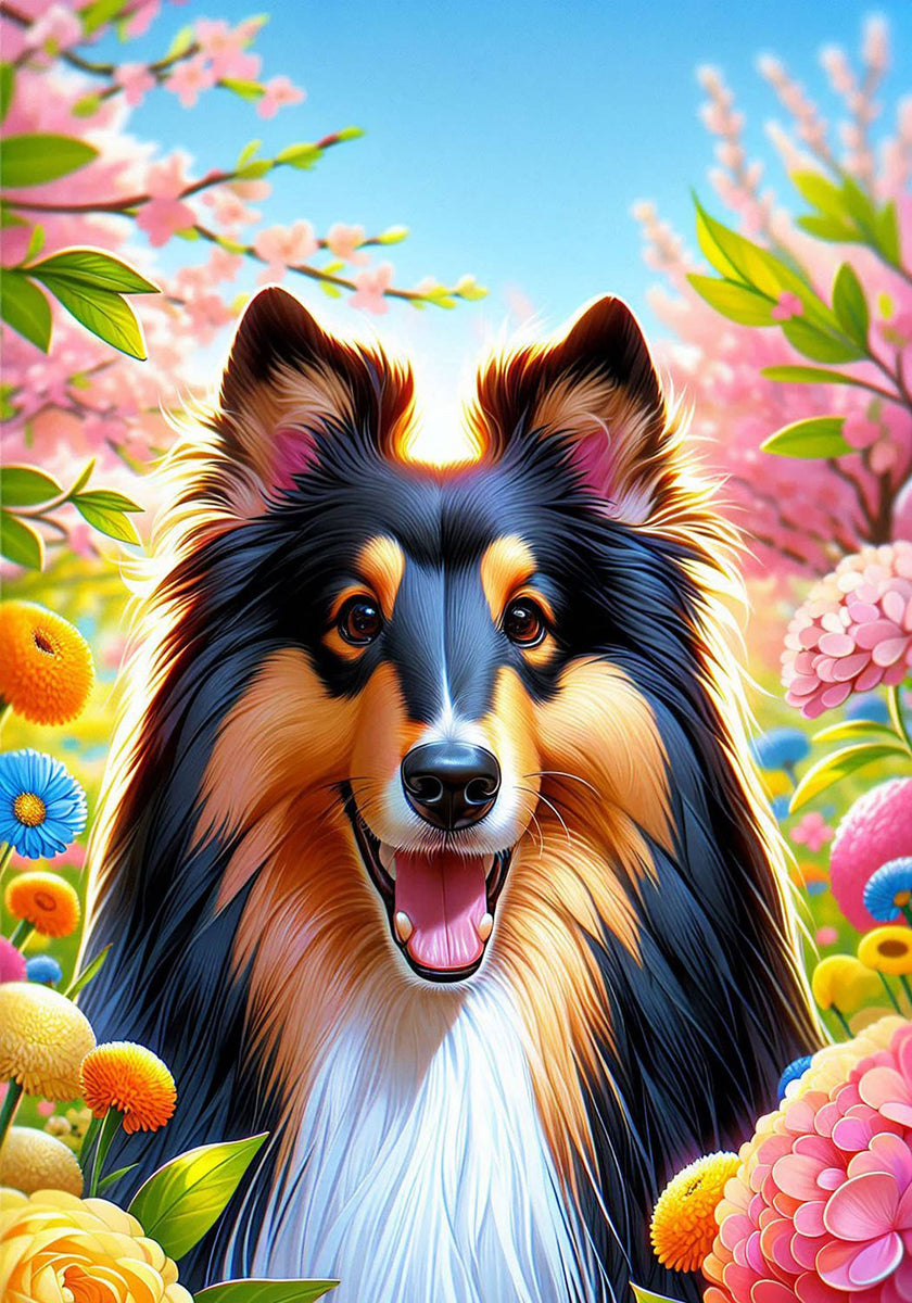 Sheltie Tri Colorful Floral Large House Flag