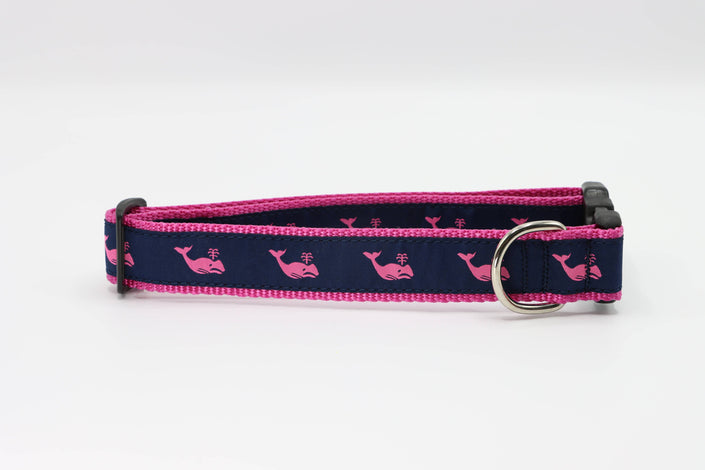 Pink Whale on Navy Side Release Buckle Clip Dog Collar