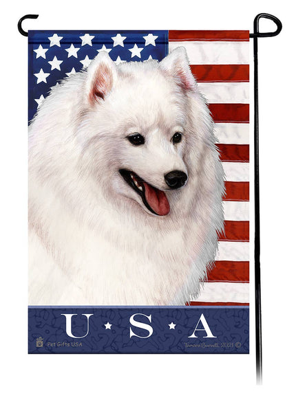 This Japanese Spitz White USA American Garden Flag is a testament to the beauty of your favorite breed and the American Flag.