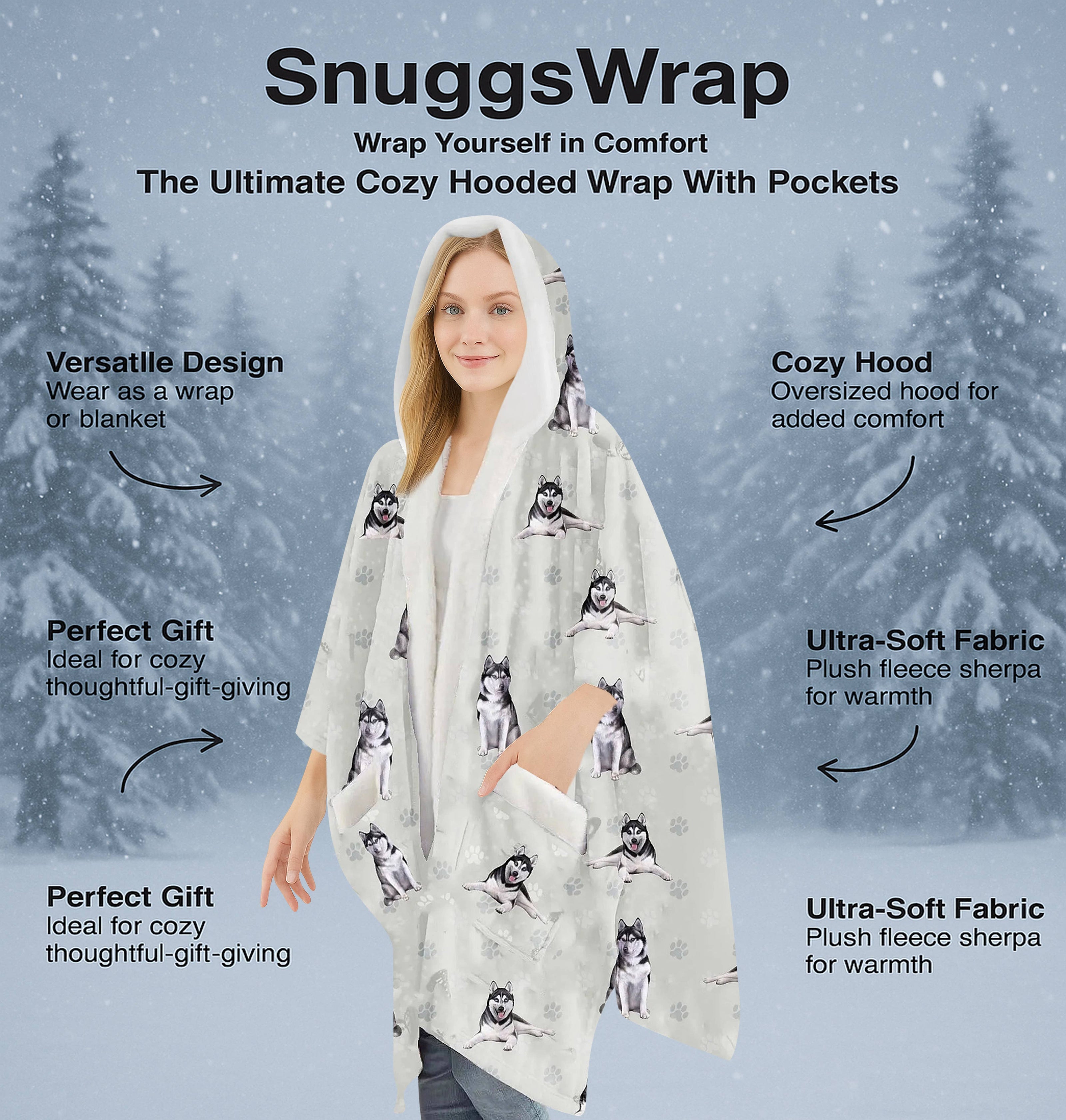 Siberian Husky Snugg Wraps with Hoodie – Ultra Soft Sherpa Fleece Wrap for Pet Lovers
