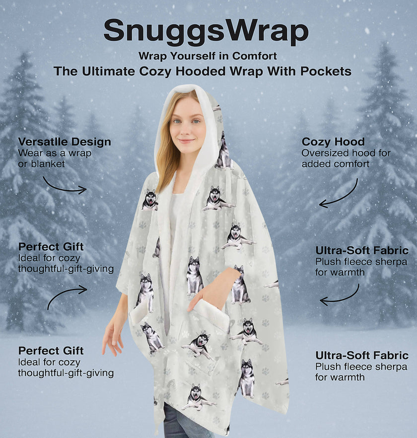 Siberian Husky Snugg Wraps with Hoodie – Ultra Soft Sherpa Fleece Wrap for Pet Lovers
