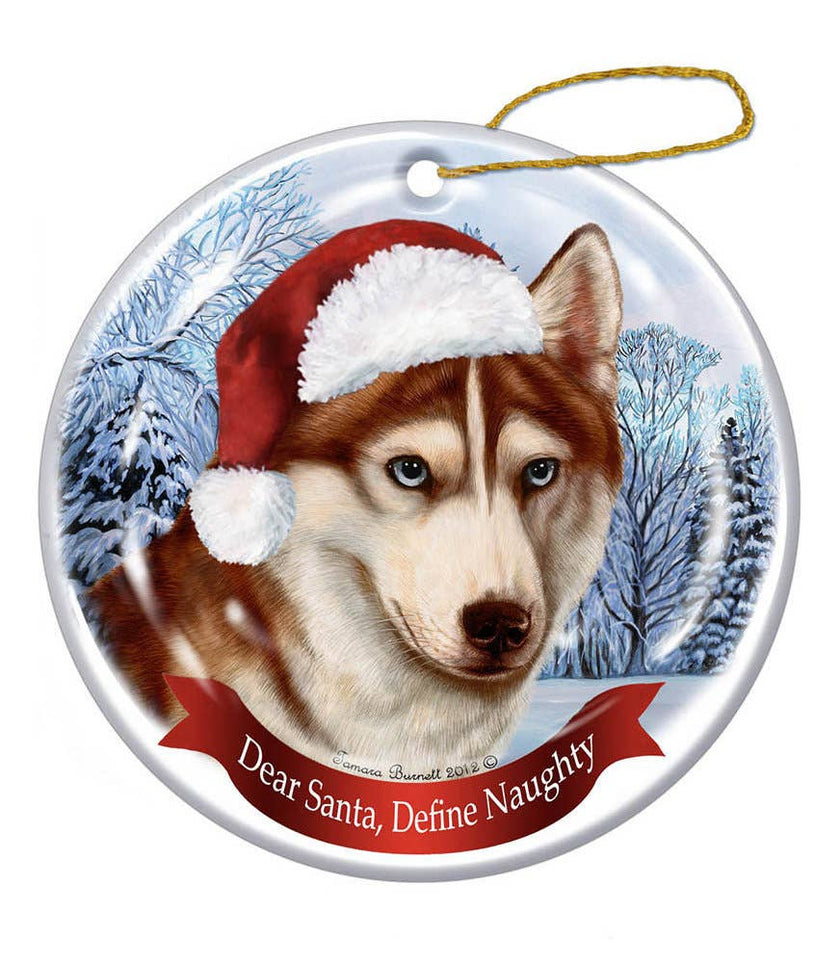Siberian Husky Red & White Santa Hat Dog Porcelain  Ornament