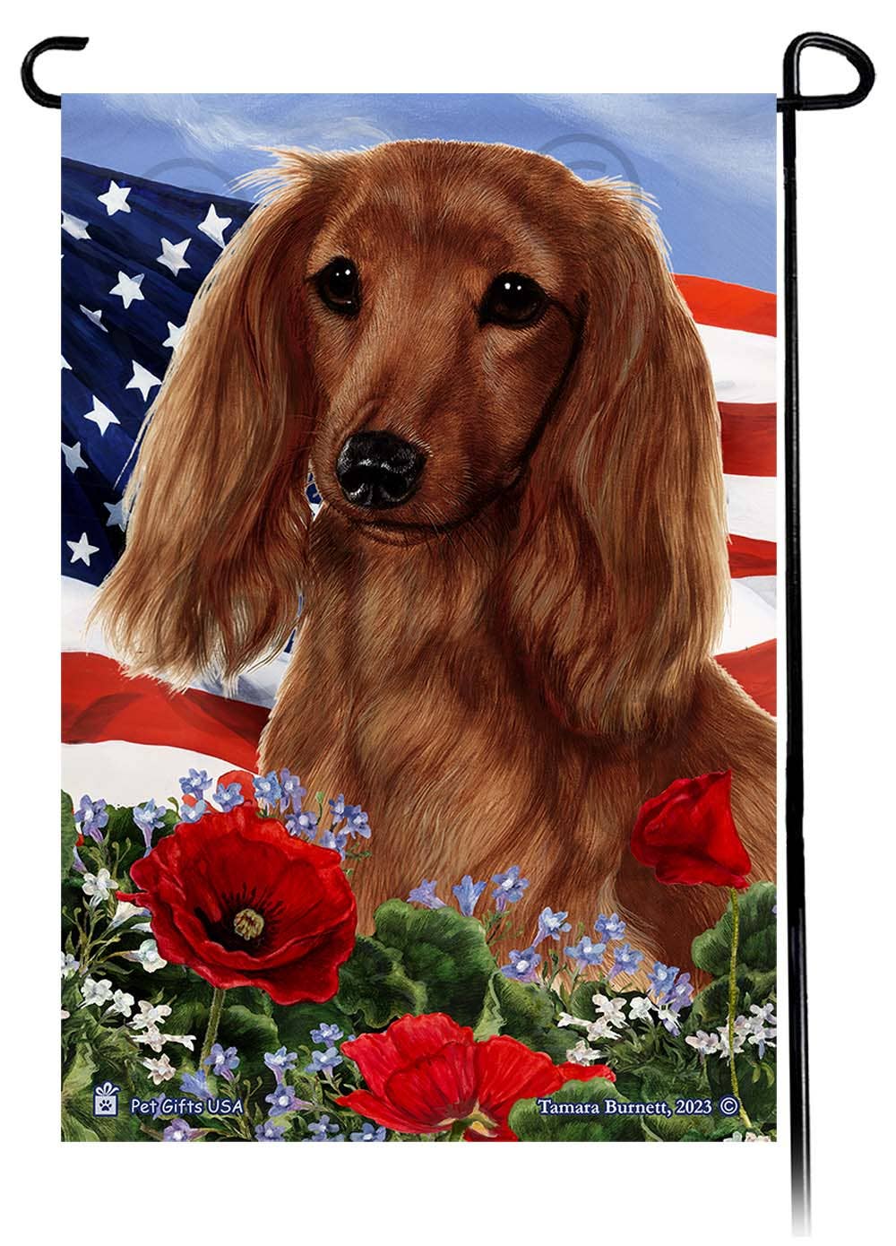 Dachshund Long Haired Red Patriotic Flowers Garden Flag