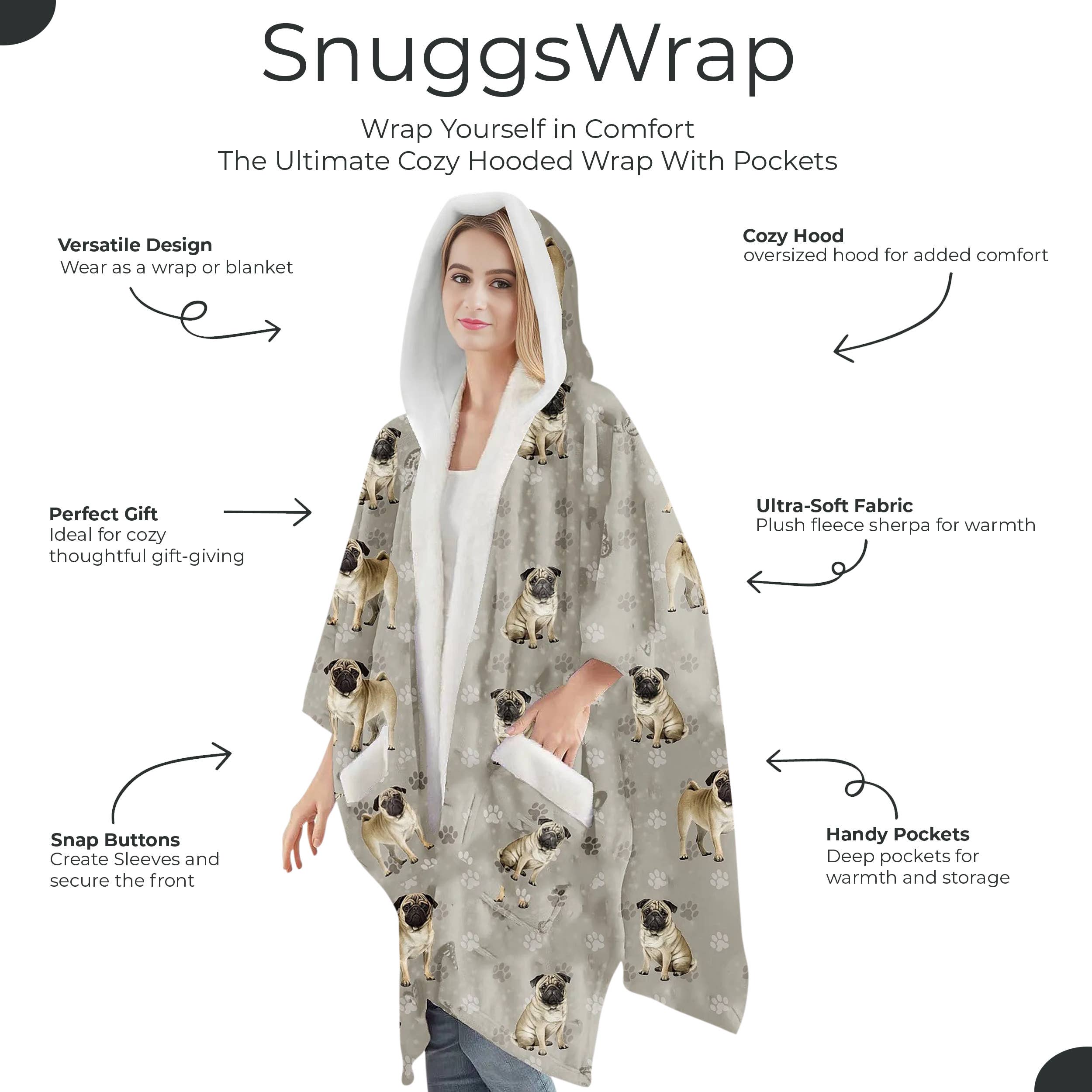 Pug Snugg Wraps with Hoodie – Ultra Soft Sherpa Fleece Wrap for Pet Lovers