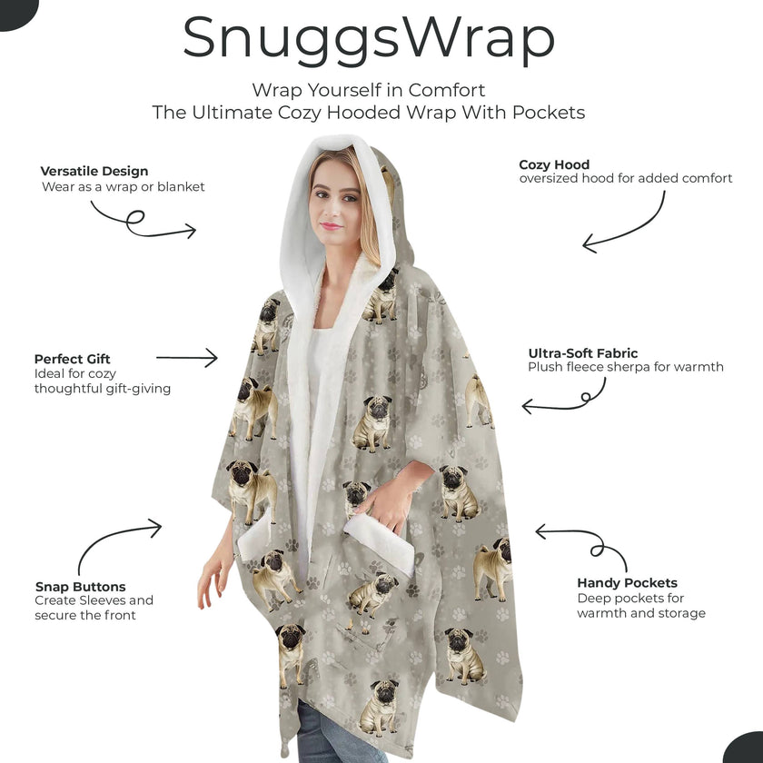 Pug Snugg Wraps with Hoodie – Ultra Soft Sherpa Fleece Wrap for Pet Lovers