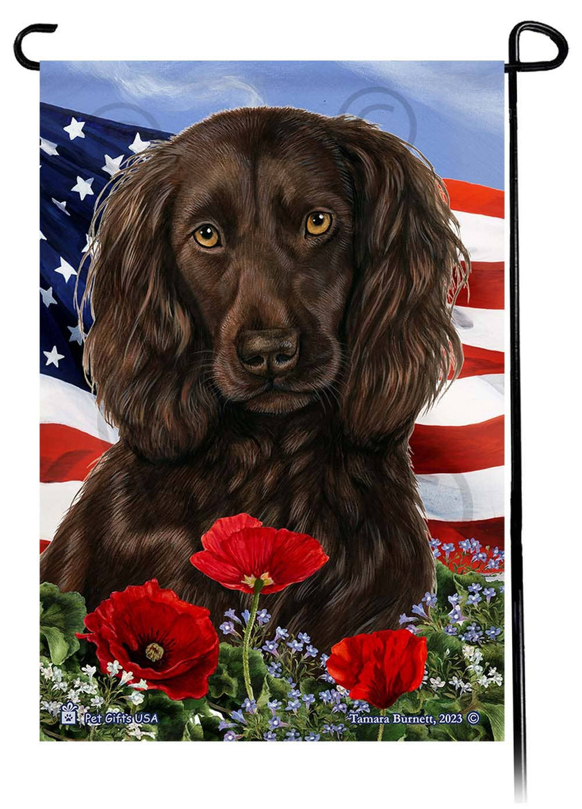 Boykin Spaniel Chocolate - Patriotic Flowers Garden Flag