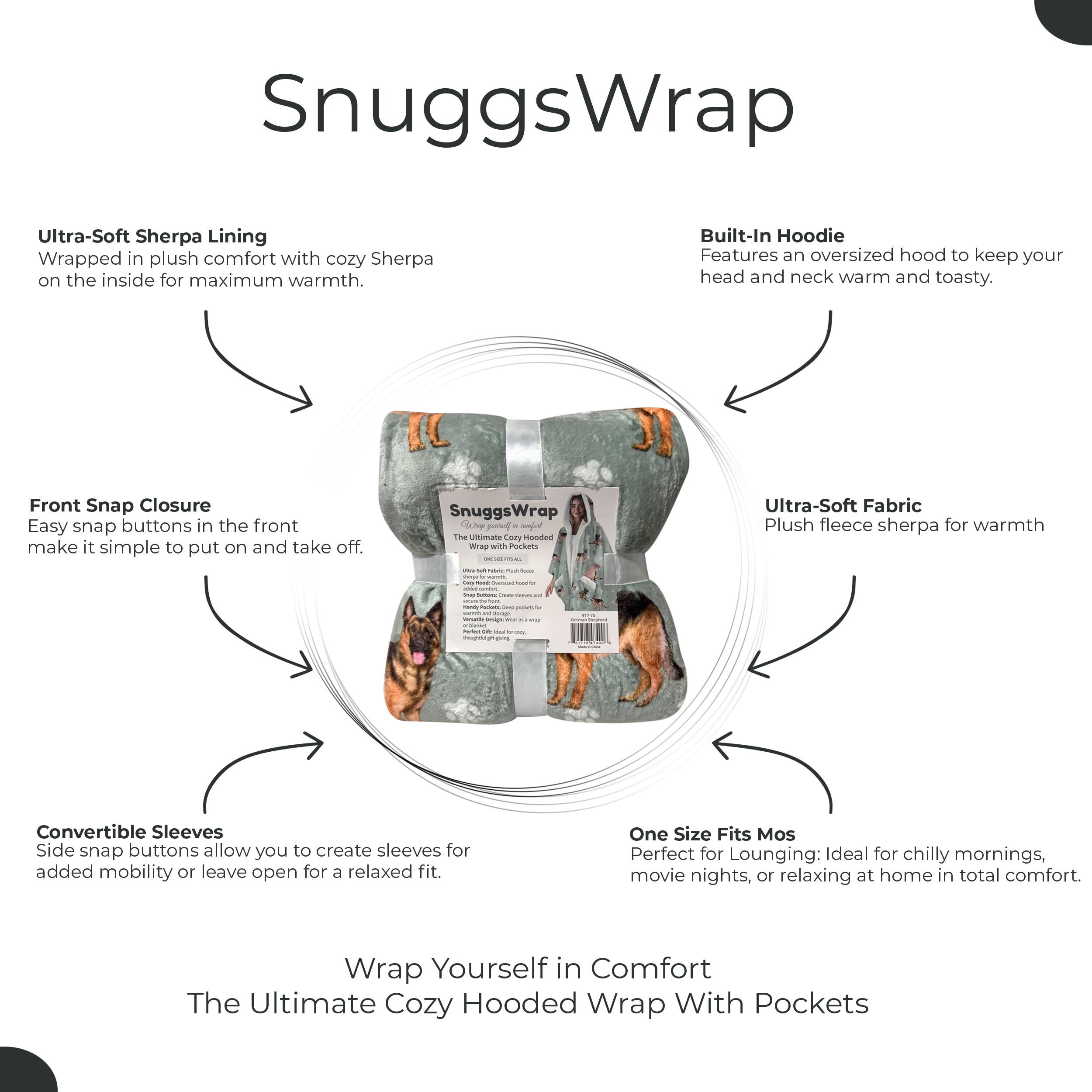 German Shepherd Snugg Wraps with Hoodie – Ultra Soft Sherpa Fleece Wrap for Pet Lovers