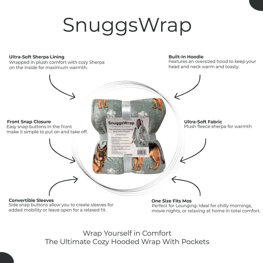 German Shepherd Snugg Wraps with Hoodie – Ultra Soft Sherpa Fleece Wrap for Pet Lovers